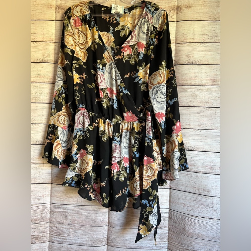 Entro Romper Faux Wrap with Long Ruffle Sleeves Size L